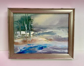 Winter Landscape Oil Painting-Snowy Trees - overall size (7x9 inches) Framed - Silver Gray