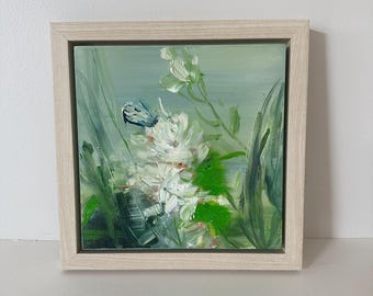 Butterfly & White Flowers Oil Painting: Framed Floral Art, 9.75x9.75
