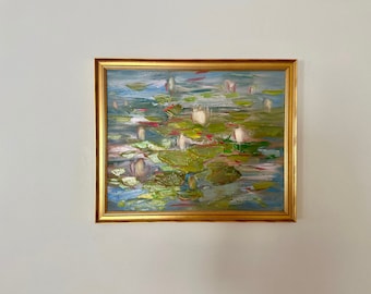 Pink Glow Pond- Original Oil Painting-Contemporary Art-Gold Frame- Framed Painting- size 16 x 20  plus Frame