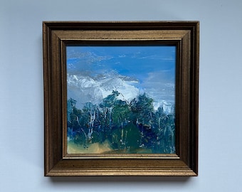 Moutains and Trees-Small Landscape Original Oil Painting- Framed 5 x 5 Landscape- Painting Framed-overall framed size 6-1/4 x 6-1/4 inches