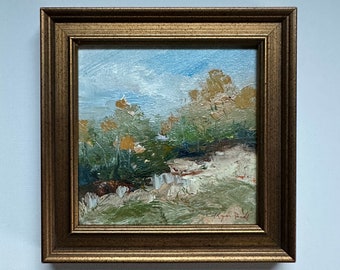 Mur de roche et arbres-Petit paysage Peinture à l’huile originale- Encadré 5 x 5 Paysage- Peinture encadrée-taille encadrée globale 6-1/4 x 6-1/4 pouces