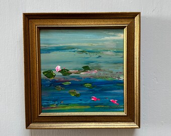 Blue Pond Contemporary Lilypond painting-Art-Original Small Framed 5 x 5 Landscape- Painting Framed-overall framed size 6-1/4 x 6-1/4 inches