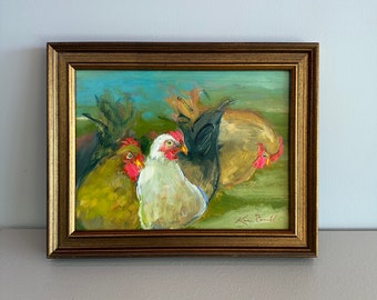 Peinture de paysage de poulet - peinture à l'huile originale 6 x 8 panneaux de fibres durs - encadré taille 7-1/2 x 9-1/2- prêt à accrocher