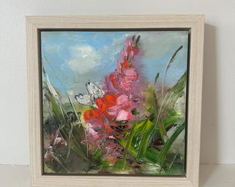 Original Oil Painting: Snapdragon and Butterfly - Framed Floral Art