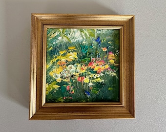 Original Oil Painting – Wildflowers in Grasses, Textured Impressionistic Art (6-1/2 x 6-1/2")