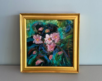 Fleurs des bois avec du bleu - Peinture originale - env. 7 x 7 pouces avec cadre-cadre doré-petite peinture-fleurs contemporaines