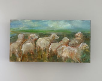 Sheep in Landscape Painting-Original Painting- Cradled Panel - Painted 1-1/2" painted Edge-6 x 12 painting- Ready to Hang-Acrylic