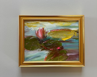 Framed Lilypond Oil Painting: Modern Pond Flower Art, 7x9 Inches