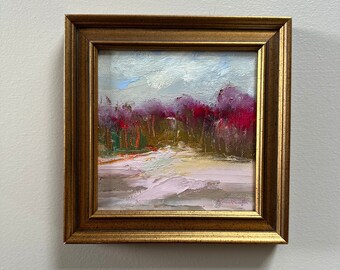 Magenta Trees Paysage Peinture à l’huile originale - Encadré 5 x 5 Paysage - Peinture Encadrée-taille encadrée globale 6-1/4 x 6-1/4 pouces