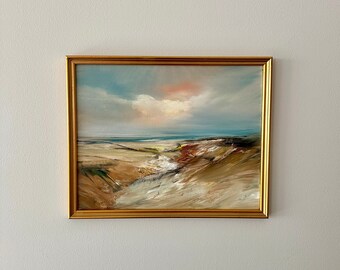 Original Beach Oil Painting: Framed Atmospheric Seascape Art (12x15 inches)