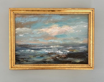 Peinture originale paysage marin-plage - env. 9 x 12-1/2 pouces y compris le cadre-cadre doré fait main--plage-mer-peinture