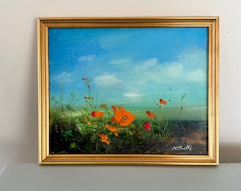 Wild Poppies- Original Painting- Painting-9 x 11 including frame size- Original Framed Painting-  gold custom framing