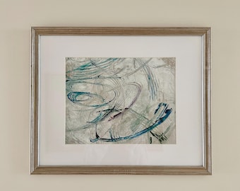 Abstract Swirls Painting: Gray Silver Ink, Matted Wood Frame, Signed
