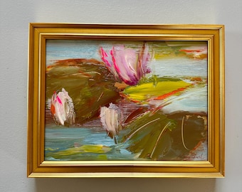 Original Oil Painting: Modern Lilypond, Gold Frame, 7x9 inches