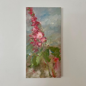 Original Hollyhock Oil Painting - 20x10 Ready to Hang Art