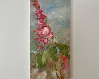 Original Hollyhock Oil Painting - 20x10 Ready to Hang Art