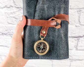 Blue leather travel journal with map pages and cotton paper, leather journal, travel notebook, journal with compass, travel book, traveler