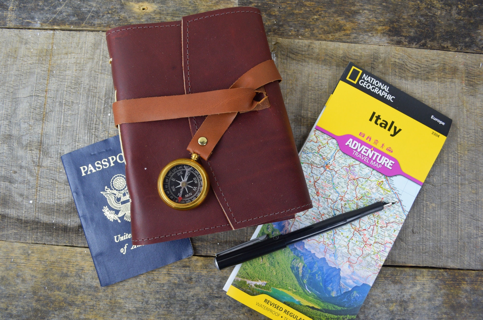 Personalized leather journal with maps and compass Etsy
