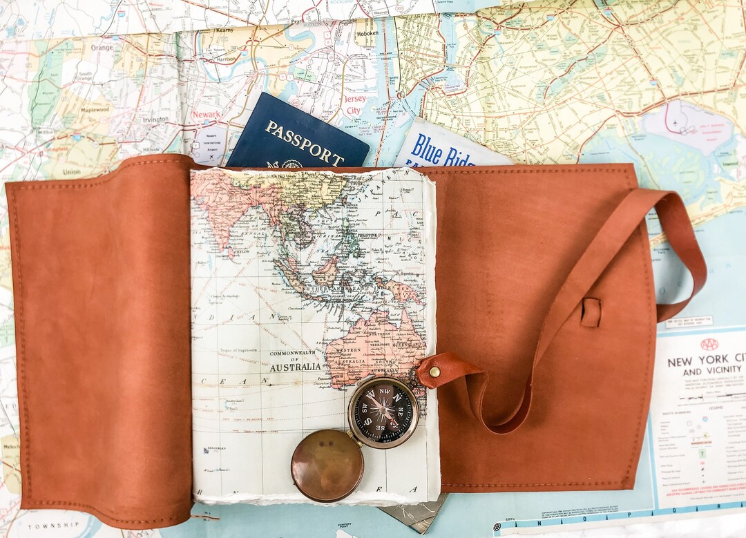 Leather Travel Journal Maps and Compass, Travel Log Gift Destination