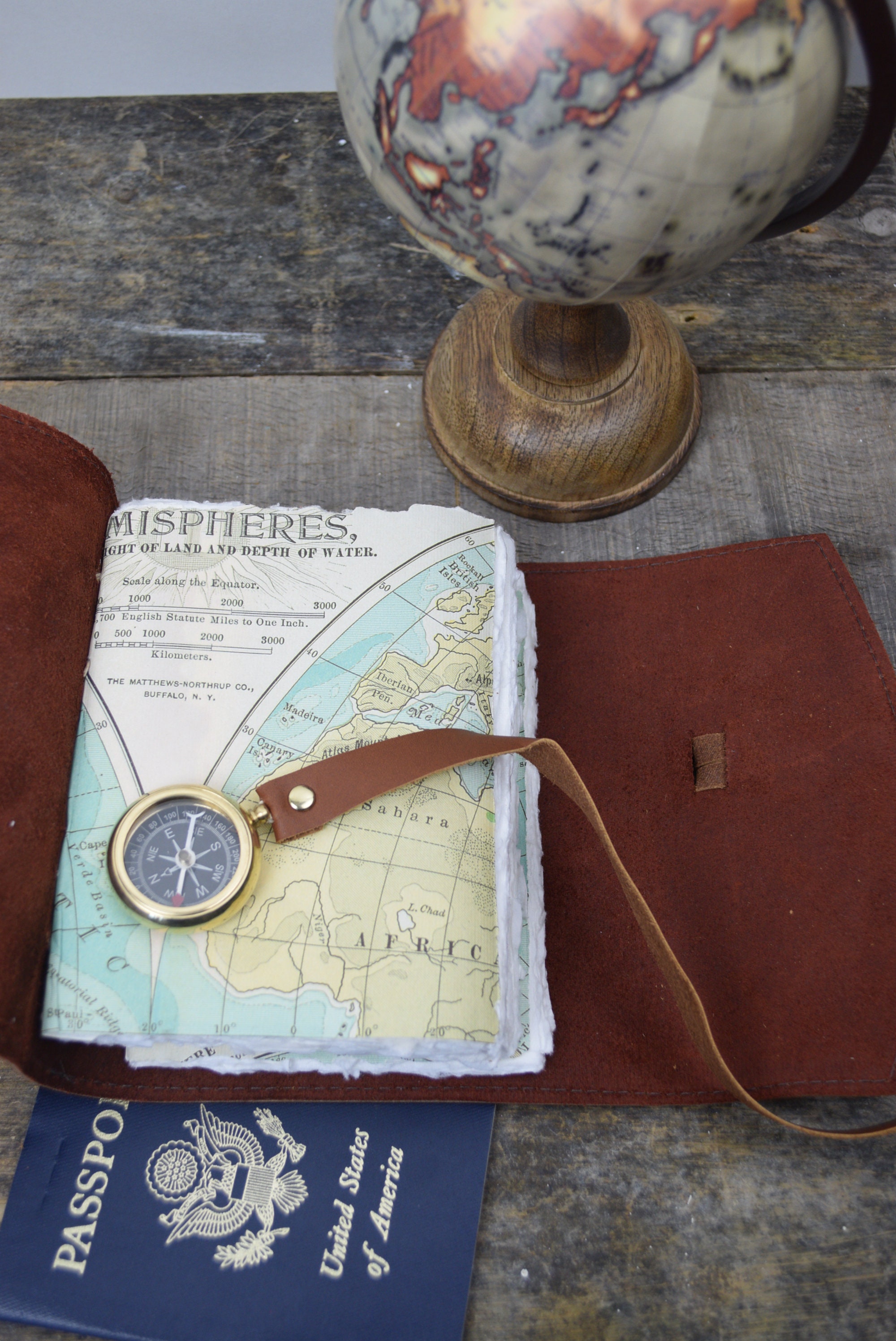Personalized leather journal with maps and compass Etsy