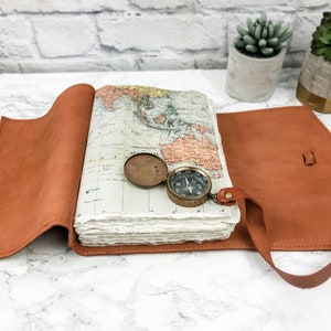 Leather travel journal maps and compass, travel log gift destination wedding, travel scrapbook, unique travel journal, gift for travel lover image 9