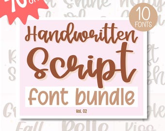 May include: A pink graphic with the words "Handwritten Script Font Bundle" in brown and white. The image includes the text "70% OFF" and "10 FONTS". The words "Vol. 02" are also visible.