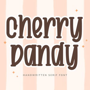 May include: A digital graphic featuring the text cherry pandy in a brown handwritten serif font with a white outline. The background consists of vertical light peach and white stripes with small four-pointed star accents throughout the design.