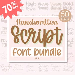 May include: A light pink graphic with the words "Handwritten Script Font Bundle" in brown script font. The image also includes the text "Vol. 01" and "50 Fonts". A red banner in the upper left corner says "70% OFF".