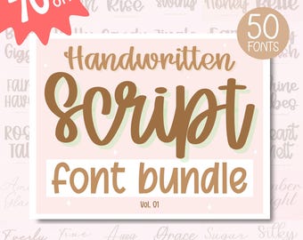 May include: A light pink graphic with the words "Handwritten Script Font Bundle" in brown script font. The image also includes the text "Vol. 01" and "50 Fonts". A red banner in the upper left corner says "70% OFF".