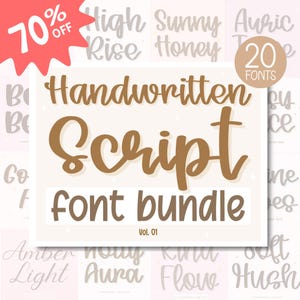 Può includere: Annuncio di un pacchetto di font digitali "Handwritten Script" con 20 font. Il testo principale è in marrone, con una promozione del 70% di sconto in un'esplosione rossa. Lo sfondo mostra esempi di font.