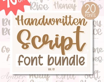 May include: A digital product advertisement featuring a "Handwritten Script Font Bundle" with 20 fonts. The main text is in a brown script font, with a 70% off promotion in a red burst. The background includes examples of the fonts.