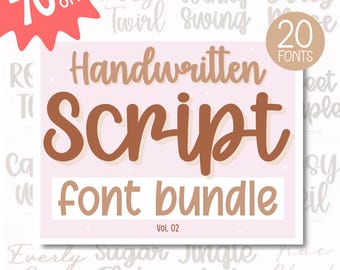May include: A pink and brown graphic with the words "Handwritten Script Font Bundle" in a script font. The image also includes the text "70% OFF" and "20 FONTS".