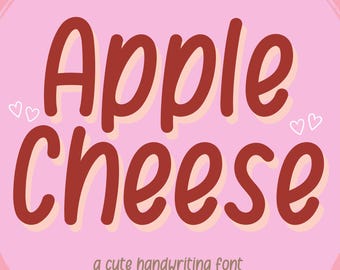 Puede incluir: Un fondo rosa con forma de corazón. El texto "Apple Cheese" está escrito en una fuente roja manuscrita con un contorno blanco. El texto "a cute handwriting font" está escrito en una fuente más pequeña debajo del texto principal.