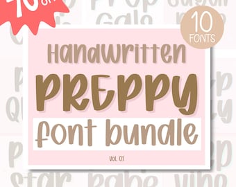 May include: A pink and white graphic design featuring the text "Handwritten PREPPY font bundle" in a bold, brown font. The design includes a "70% OFF" promotion and a "10 FONTS" badge. The words "Prep", "Sugar", "Gala", "Star", "Babe", and "Vibe" are also visible.