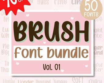 Può includere: Una grafica rosa e verde con il testo "BRUSH font bundle Vol. 01" e un'etichetta di vendita del 70%. La grafica è circondata da una varietà di nomi di font in un colore marrone chiaro.
