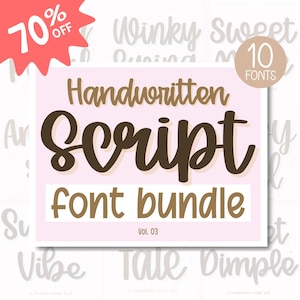 May include: A pink graphic with the words "Handwritten Script Font Bundle" in brown and white. The image also includes the text "70% OFF" in a red starburst and "10 FONTS" in a tan circle.