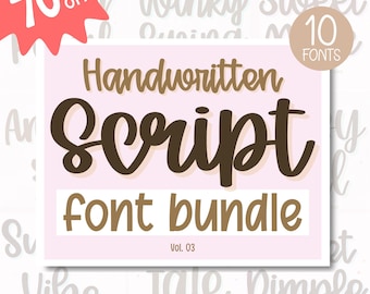 May include: A pink graphic with the words "Handwritten Script Font Bundle" in brown and white. The image also includes the text "70% OFF" in a red starburst and "10 FONTS" in a tan circle.