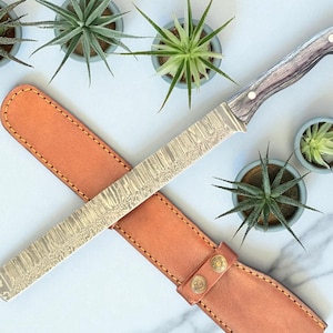 Brisket Slicing Knife | Damascus Steel | Resin, Walnut & Dyed Hardwood Handle | Leather Sheath | Handmade | Meat Carving, Slicing Knife