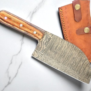 Handmade Damascus Steel Kitchen Cleaver - Hardwood Handle & Leather Sheath