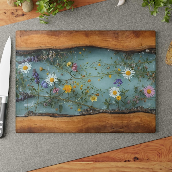 Glass Charcuterie Board, Cutting Board, Maple Wildflower Design, Housewarming Kitchen Decor Christmas Gift, 0531