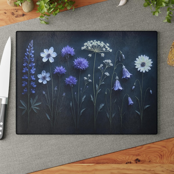 Midnight Wildflower Glass Charcuterie Board, Charming Cutting Board, Housewarming Married Wedding Gift, 0542