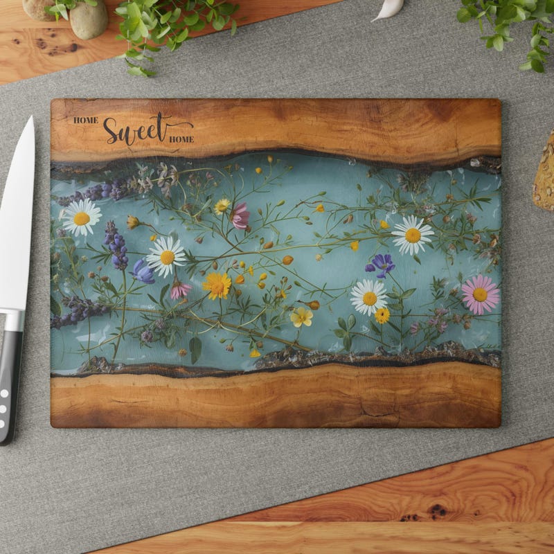 Glass Charcuterie Board, Home Sweet Home Cutting Board, Maple Wildflower Design, Housewarming Married Wedding Gift