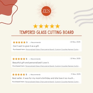 Puede incluir: Una tabla de cortar de vidrio templado con el texto "TEMPERED GLASS CUTTING BOARD" y un logotipo que dice "ZEN LUMINESCENT". La imagen tambi&eacute;n incluye rese&ntilde;as de clientes con calificaciones de 5 estrellas.