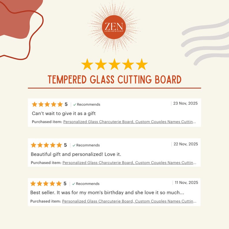 Puede incluir: Una tabla de cortar de vidrio templado con el texto "TEMPERED GLASS CUTTING BOARD" y un logotipo que dice "ZEN LUMINESCENT". La imagen tambi&eacute;n incluye rese&ntilde;as de clientes con calificaciones de 5 estrellas.