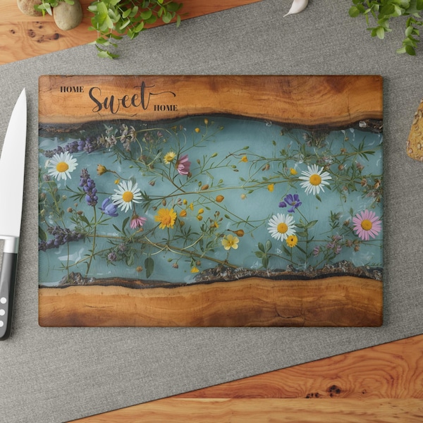 Glass Charcuterie Board, Home Sweet Home Cutting Board, Maple Wildflower Design, Housewarming Married Wedding Gift, 0531