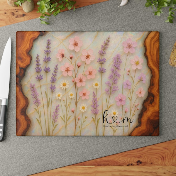 Wildflower Glass Charcuterie Board, Charming Custom Initials Maple Design Cutting Board, Personalized Housewarming Married Wedding Gift 0544