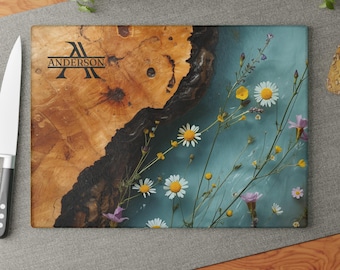 Personalized Glass Charcuterie Board, Custom Name Cutting Board, Maple Wildflower Design, Housewarming Married Wedding Gift, 0532b