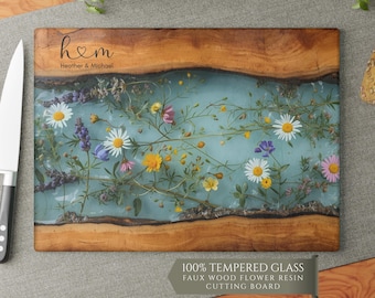 Personalized Glass Charcuterie Board, Custom Couples Names Cutting Board, Maple Wildflower Design, Housewarming Married Wedding Gift, 0531
