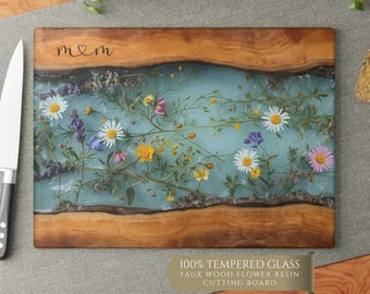 Glass Charcuterie Board, Mom Cutting Board, Maple Wildflower Design, Housewarming Kitchen Decor Mothers Day Christmas Gift, 0531