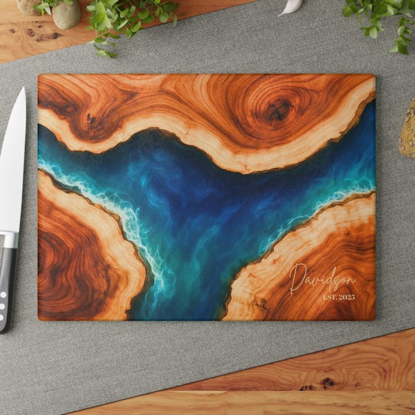 Personalized Glass Charcuterie Board, Custom Name Date Cutting Board, Maple Wood River Design, Housewarming Gift, Kitchen Decor, 0515
